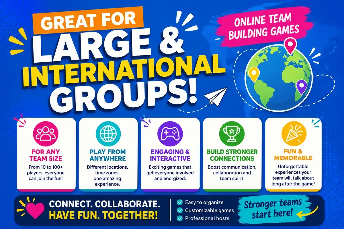 Great for large and international groups: any team size, play from anywhere, engaging and interactive, builds stronger connections.